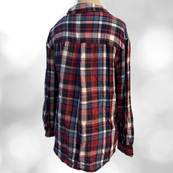 Women’s American Eagle Oversized Flannel Shirt, Sz S/P Navy/Ref Plaid, EUC - Picture 2 of 4